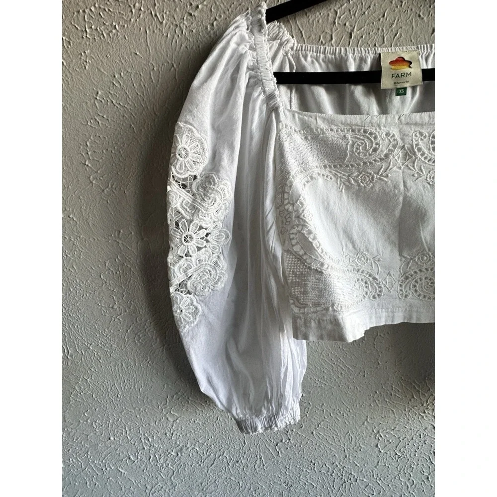 FARM Rio White Embroidered Guipure Lace 3/4 Puff Sleeve Crop Top XS